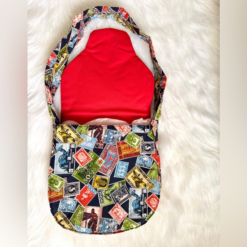 Vintage Postage Stamp Print Shoulder Bag Multicolor Travel-Inspired Handmade - Picture 8 of 11